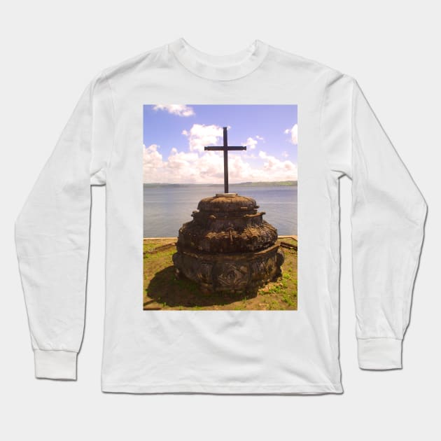wooden cross on the riverbank Long Sleeve T-Shirt by Marccelus